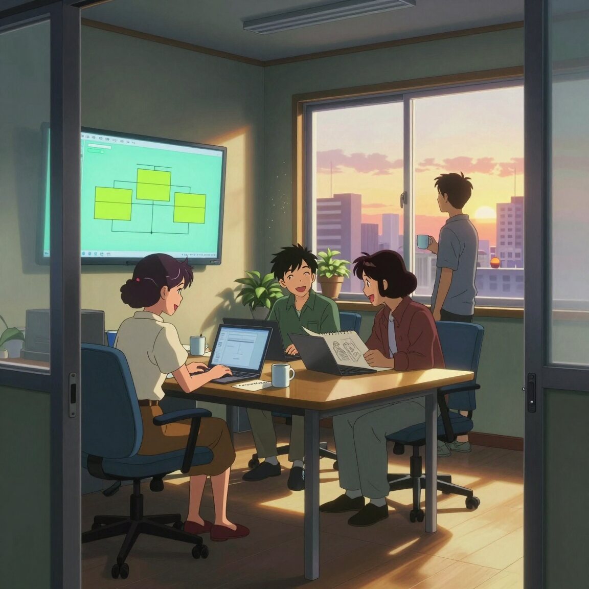 A small team laughing around a table at golden hour