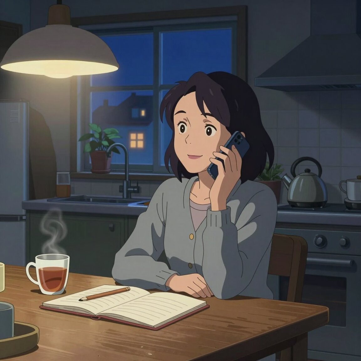 A business owner at her kitchen table late at night, relaxed on a phone call, an open notebook and a mug of tea in front of her