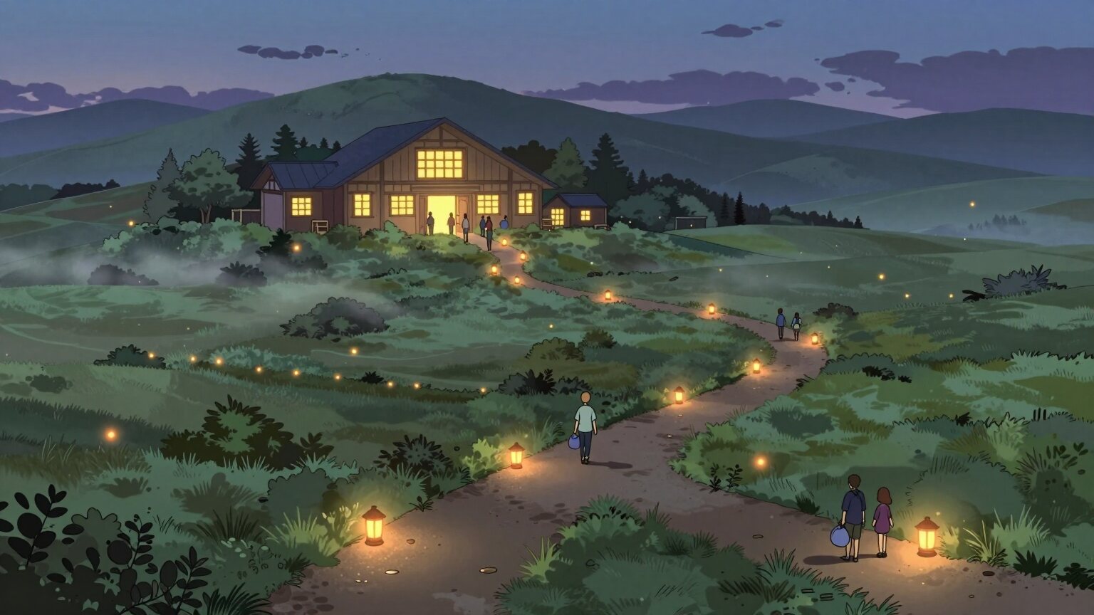 A hillside at dusk, lanterns lining a winding path that people walk up toward a lit community hall