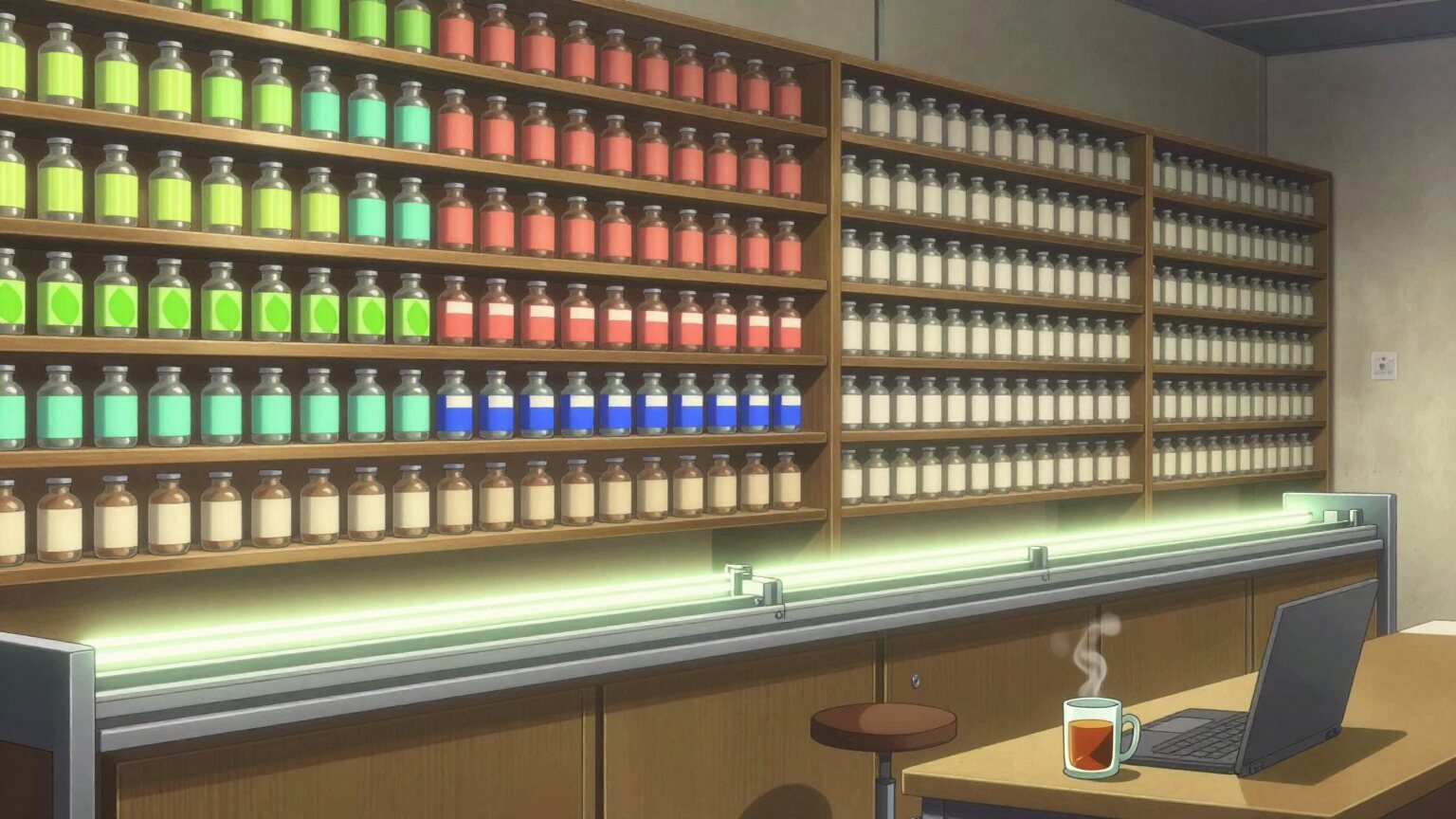 A stockroom wall of small bottles, the shelves on the left wearing bright finished labels and the shelves on the right still blank, a glowing rail along the counter below them, a laptop and a mug of tea on the desk