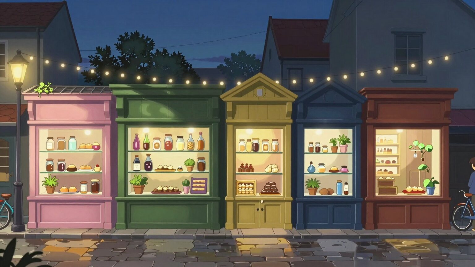 Five small shopfronts in a row on a cobbled street at dusk, each painted its own colour, their lit windows full of jars, cakes and plants, string lights overhead