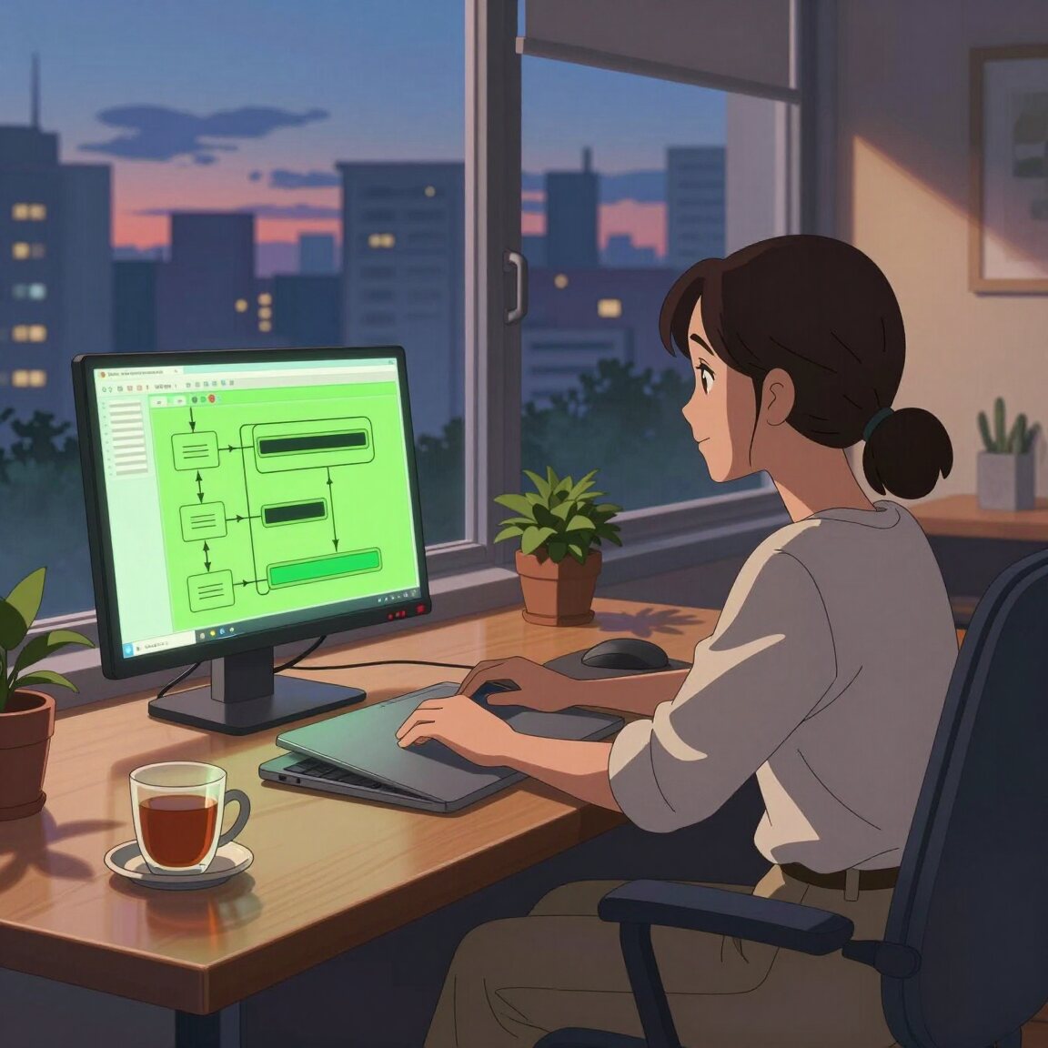 A founder at dusk rests her hands on her closed laptop, call over, while a build pipeline keeps running on the monitor beside her