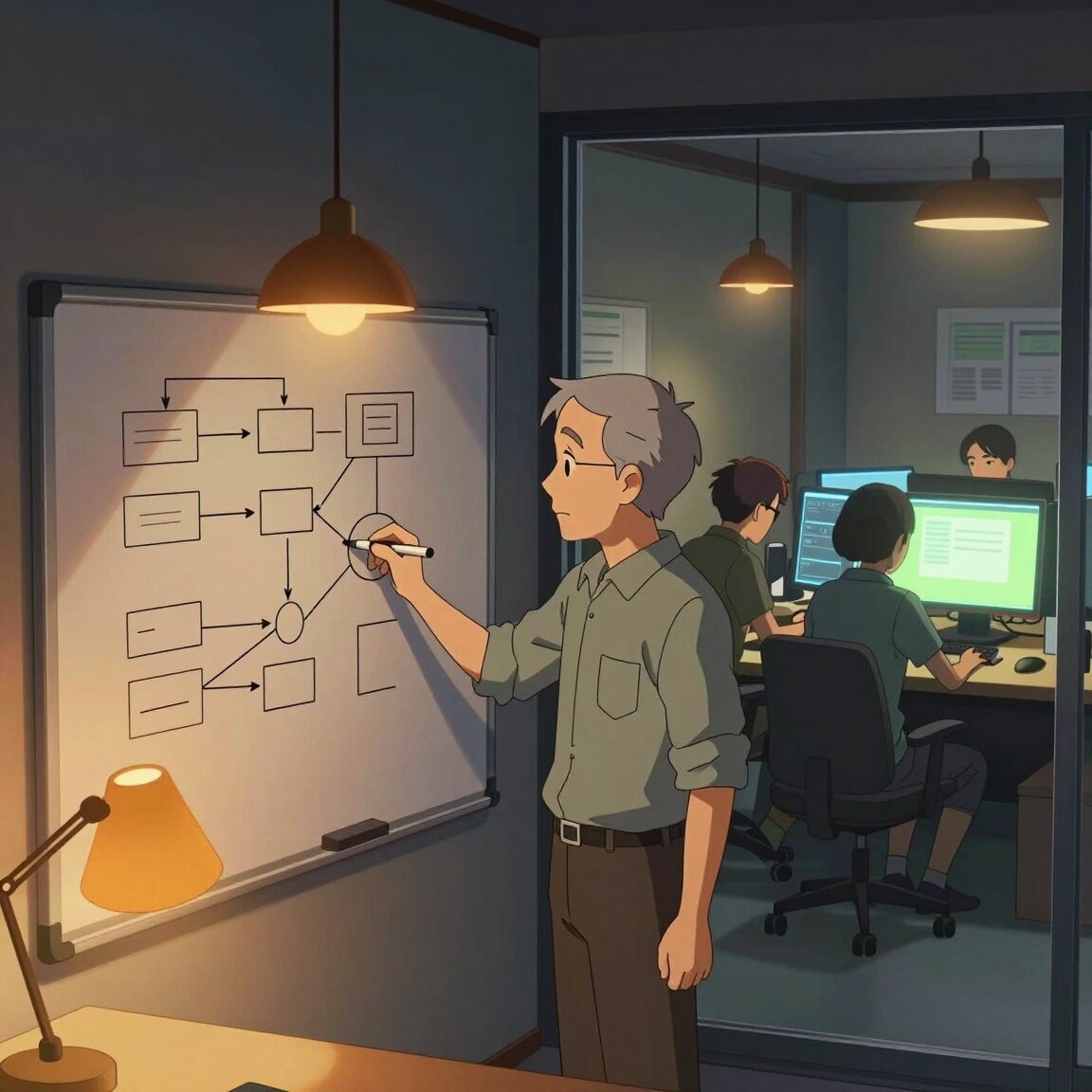 A calm technical lead sketches a system diagram on a whiteboard while, behind a glass wall, a small team ships the work