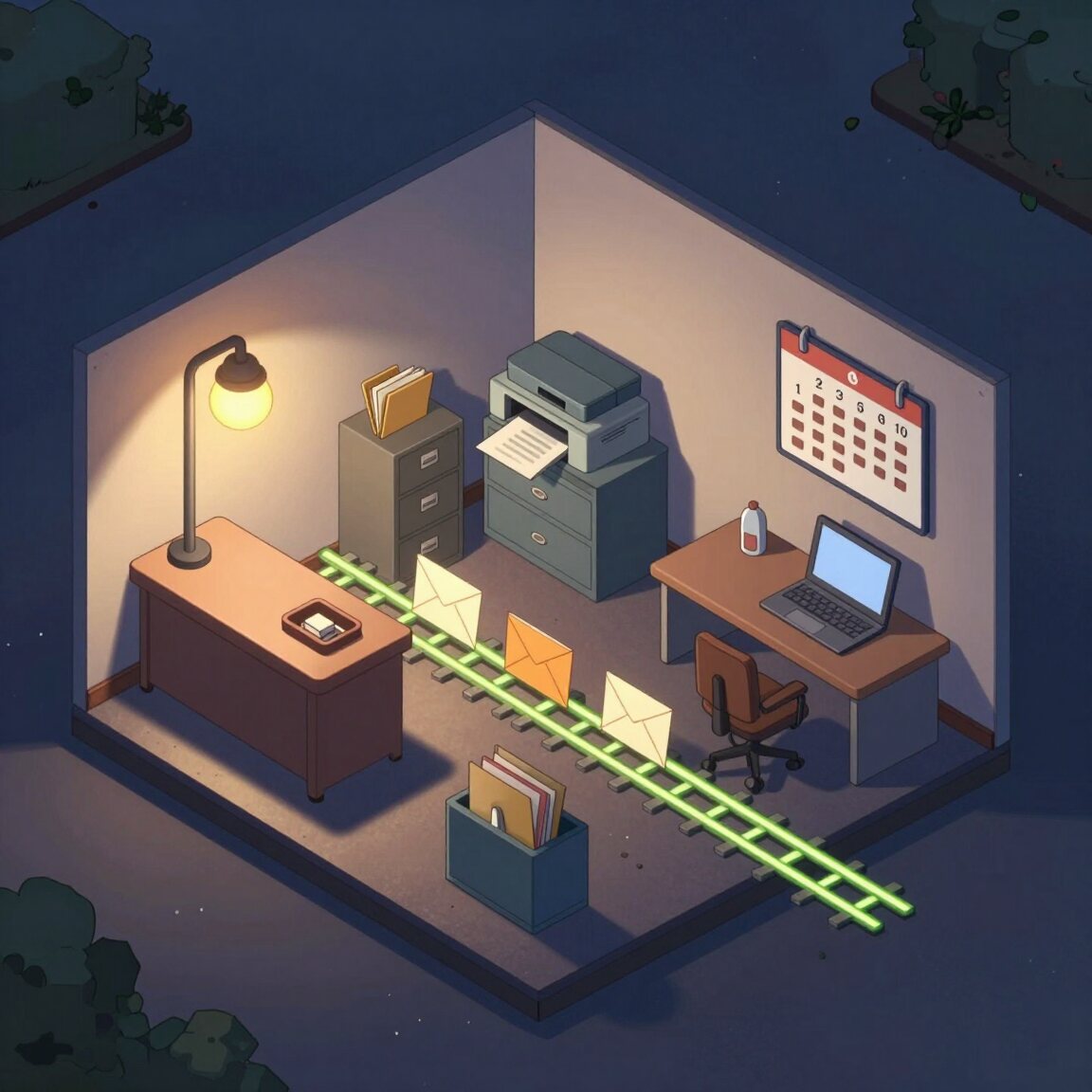 A small office in cutaway at dusk, where folders and envelopes ride a lit track from desk to cabinet to printer on their own