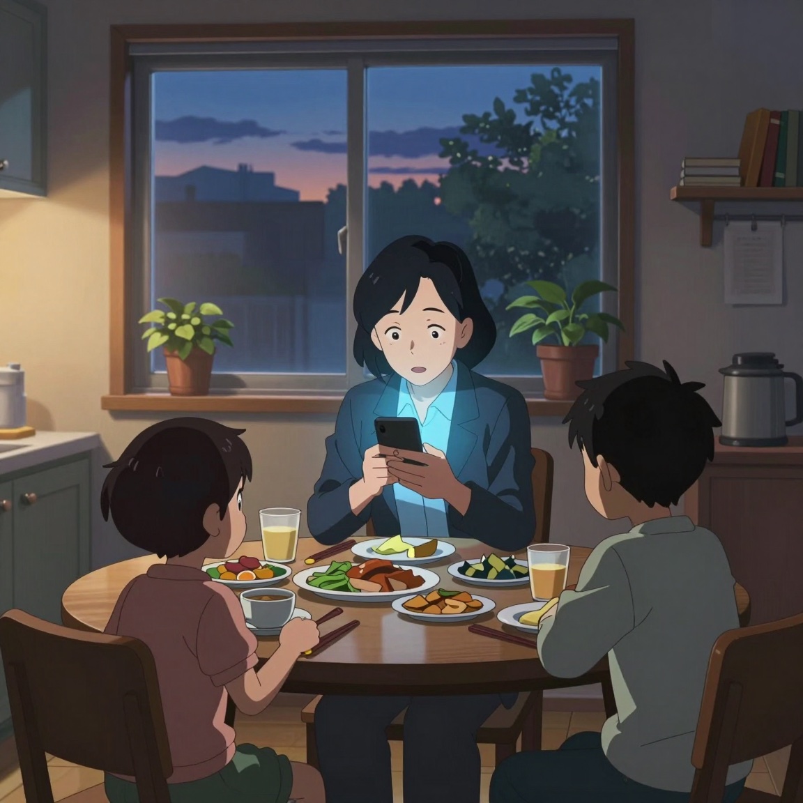 A business owner at the family dinner table, lit by her phone, the family waiting