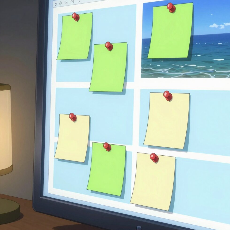 A monitor at night with paper notes pinned onto parts of a web page layout
