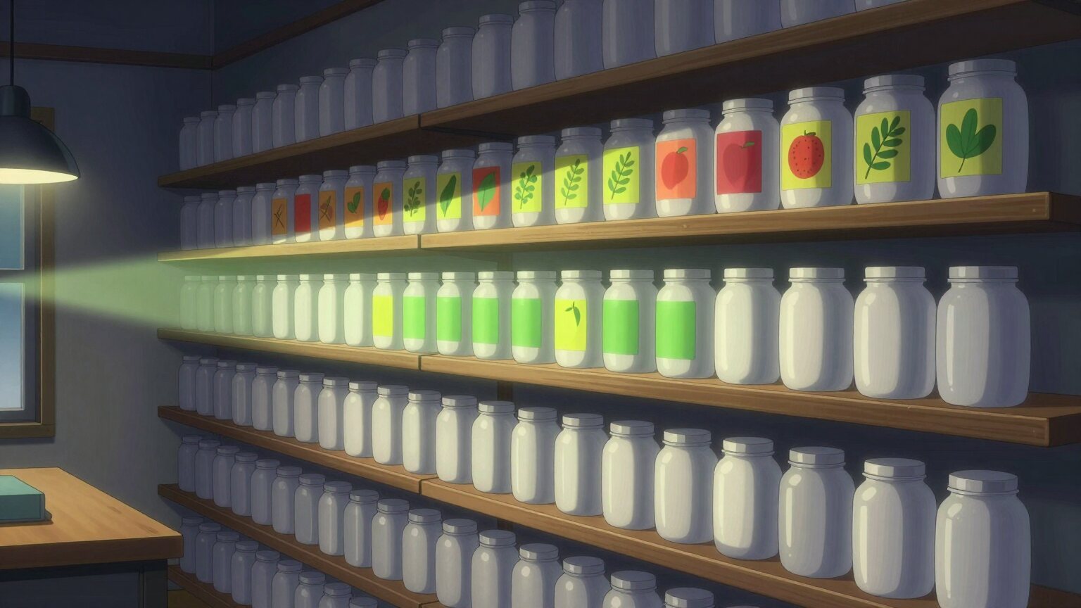 Shelves of plain white jars in a small studio at dusk, a beam of lime light passing along them and leaving each jar with its own printed label artwork