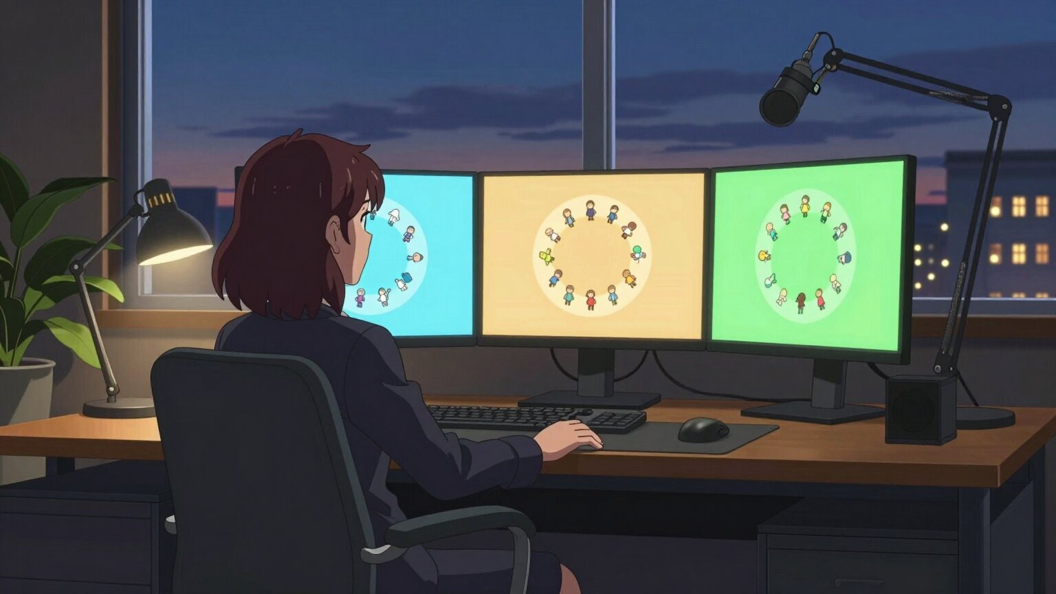 A coach at her desk at dusk, seen from behind, three monitors in front of her, each showing a different community gathered in a circle